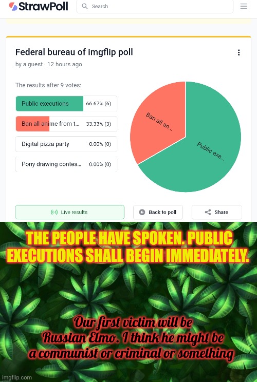 Poll results | THE PEOPLE HAVE SPOKEN. PUBLIC EXECUTIONS SHALL BEGIN IMMEDIATELY. Our first victim will be Russian Elmo. I think he might be a communist or criminal or something | image tagged in imgflip presidents,public executions,it is | made w/ Imgflip meme maker