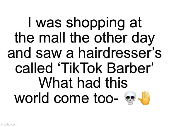 I didn’t really look at it, I just saw it and walked away. *sigh* | I was shopping at the mall the other day and saw a hairdresser’s called ‘TikTok Barber’; What had this world come too- 💀🤚 | image tagged in blank white template,memes,tiktok sucks | made w/ Imgflip meme maker