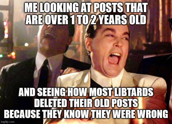 Good Fellas Hilarious | ME LOOKING AT POSTS THAT ARE OVER 1 TO 2 YEARS OLD; AND SEEING HOW MOST LIBTARDS DELETED THEIR OLD POSTS BECAUSE THEY KNOW THEY WERE WRONG | image tagged in memes,good fellas hilarious | made w/ Imgflip meme maker