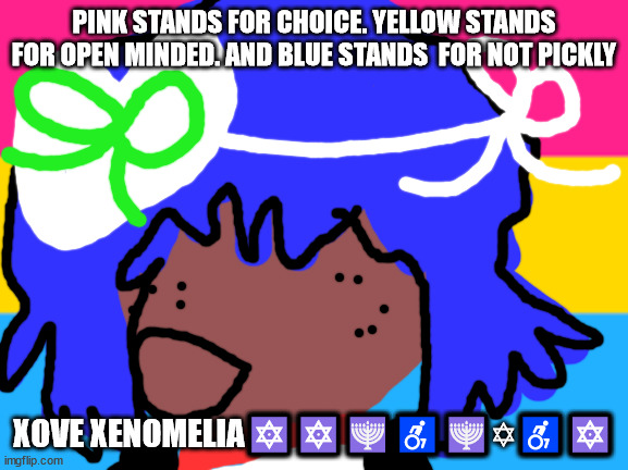 WELCOME TO XHE LGBTQQIAAP+ | PINK STANDS FOR CHOICE. YELLOW STANDS FOR OPEN MINDED. AND BLUE STANDS  FOR NOT PICKLY; XOVE XENOMELIA🔯🔯🕎♿🕎✡♿🔯 | image tagged in lgbtq stream account profile | made w/ Imgflip meme maker