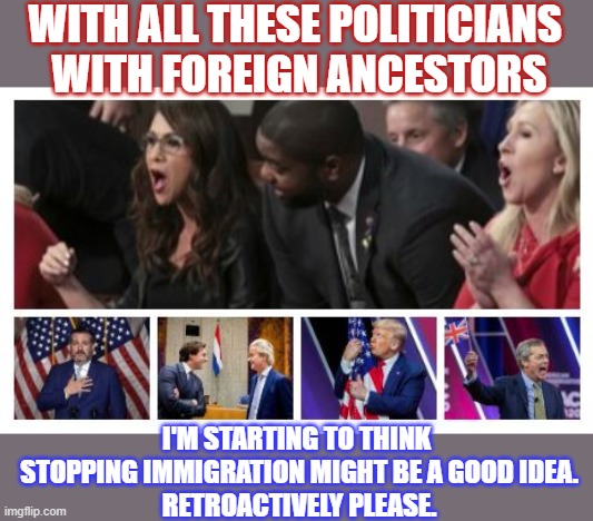 Can we stop immigration? Retroactively? |  WITH ALL THESE POLITICIANS 
WITH FOREIGN ANCESTORS; I'M STARTING TO THINK 
STOPPING IMMIGRATION MIGHT BE A GOOD IDEA.
RETROACTIVELY PLEASE. | image tagged in racism,immigration,white nationalism,politicians | made w/ Imgflip meme maker