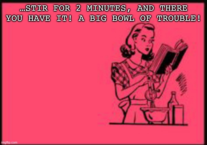 Cookbook ecard | …STIR FOR 2 MINUTES, AND THERE YOU HAVE IT! A BIG BOWL OF TROUBLE! | image tagged in cookbook ecard | made w/ Imgflip meme maker