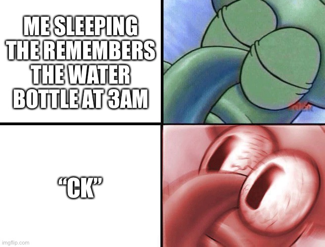water bottle go brr | ME SLEEPING THE REMEMBERS THE WATER BOTTLE AT 3AM; “CK” | image tagged in sleeping squidward | made w/ Imgflip meme maker