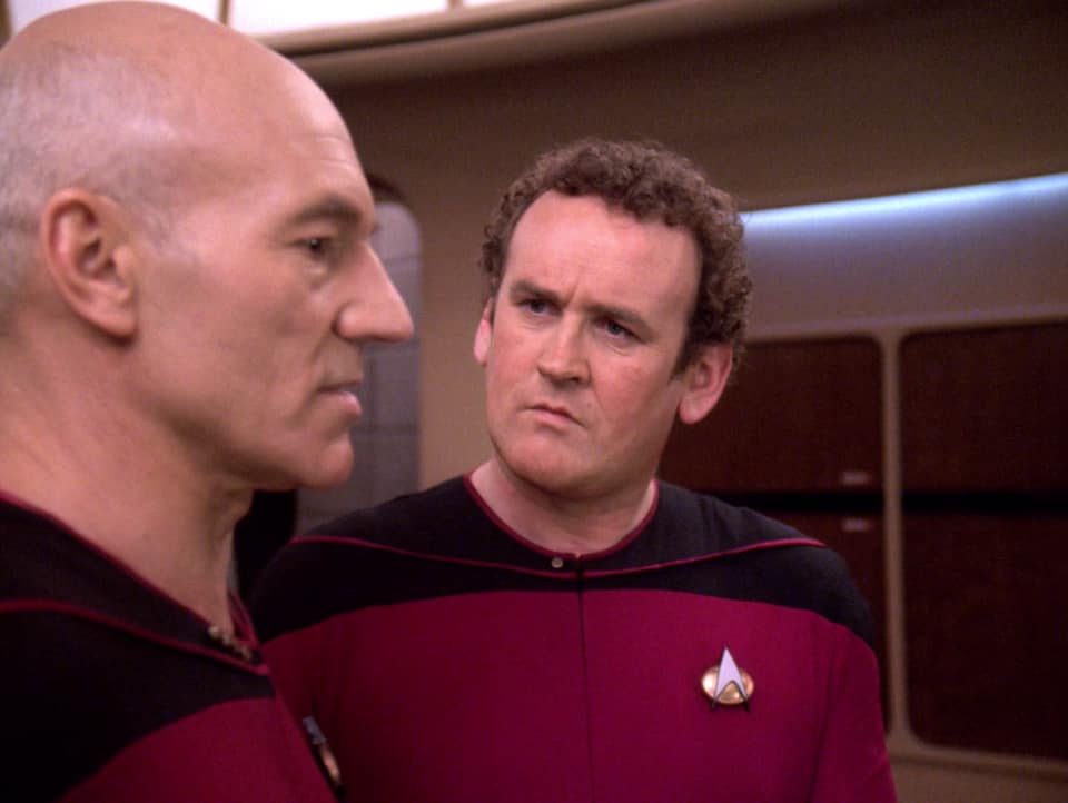 Chief O'Brien looking at Captain Picard Blank Meme Template