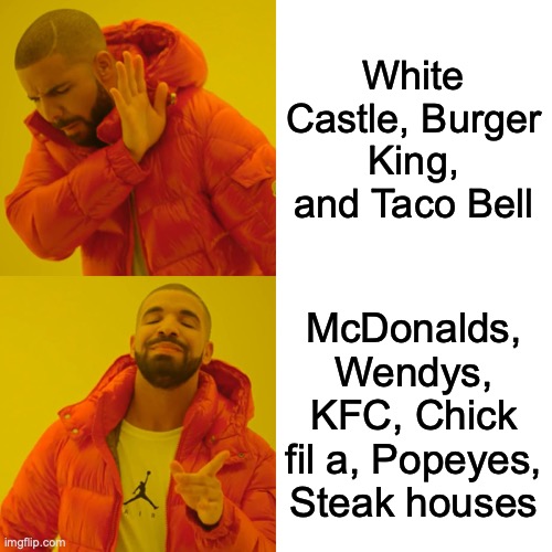 Best and Worst fast food restaurants | White Castle, Burger King, and Taco Bell; McDonalds, Wendys, KFC, Chick fil a, Popeyes, Steak houses | image tagged in memes,drake hotline bling | made w/ Imgflip meme maker