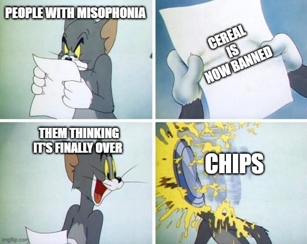 misophonia sucks. | CEREAL IS NOW BANNED; PEOPLE WITH MISOPHONIA; THEM THINKING IT'S FINALLY OVER; CHIPS | image tagged in tom gets pied in the face | made w/ Imgflip meme maker