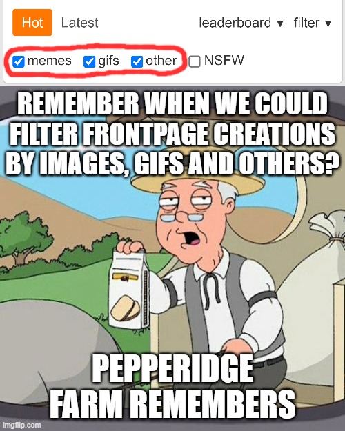 I wish it was brought back... | REMEMBER WHEN WE COULD FILTER FRONTPAGE CREATIONS BY IMAGES, GIFS AND OTHERS? PEPPERIDGE FARM REMEMBERS | image tagged in memes,pepperidge farm remembers,filters,sorting | made w/ Imgflip meme maker