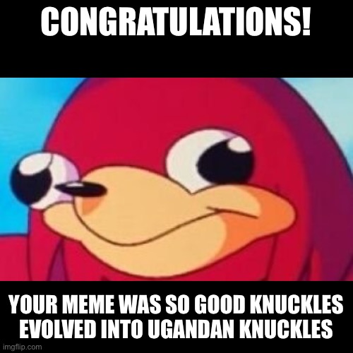 Ugandan knuckles approves | CONGRATULATIONS! YOUR MEME WAS SO GOOD KNUCKLES EVOLVED INTO UGANDAN KNUCKLES | image tagged in meme,ugandan knuckles | made w/ Imgflip meme maker