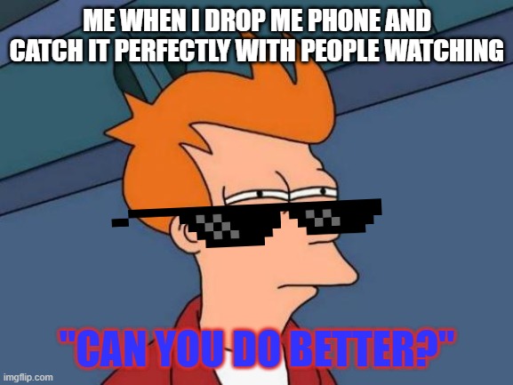 Futurama Fry Meme | ME WHEN I DROP ME PHONE AND CATCH IT PERFECTLY WITH PEOPLE WATCHING; "CAN YOU DO BETTER?" | image tagged in memes,futurama fry | made w/ Imgflip meme maker