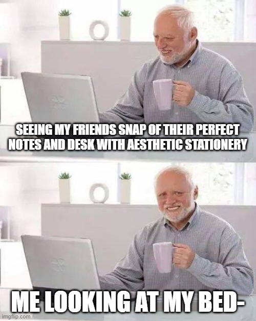 This can't only be me- right? | SEEING MY FRIENDS SNAP OF THEIR PERFECT NOTES AND DESK WITH AESTHETIC STATIONERY; ME LOOKING AT MY BED- | image tagged in memes,hide the pain harold | made w/ Imgflip meme maker