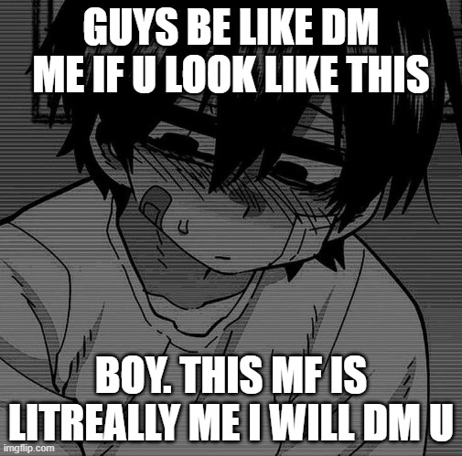 GUYS BE LIKE DM ME IF U LOOK LIKE THIS; BOY. THIS MF IS LITREALLY ME I WILL DM U | image tagged in anime meme | made w/ Imgflip meme maker