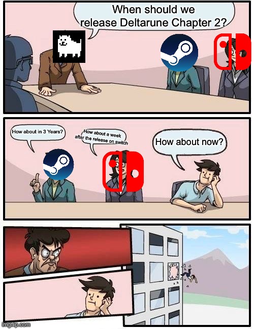 Chapter 2 deltarune | When should we release Deltarune Chapter 2? How about in 3 Years? How about now? How about a week after the release on switch | image tagged in memes,boardroom meeting suggestion | made w/ Imgflip meme maker