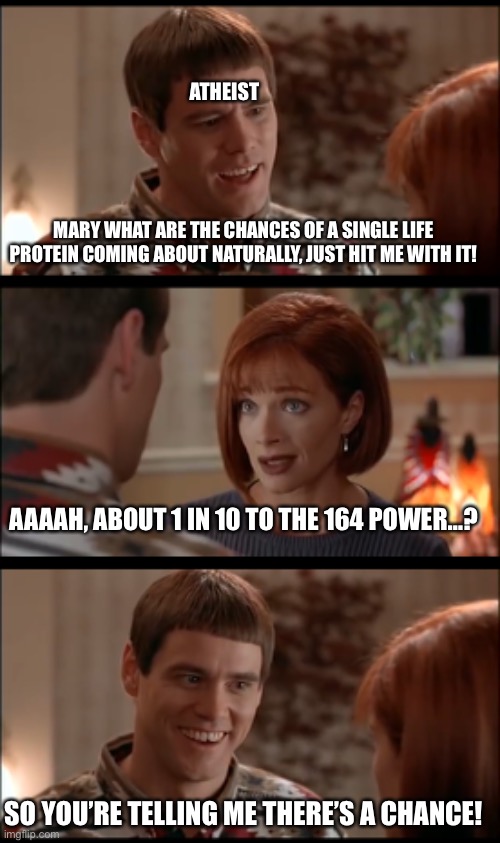 Chance | ATHEIST; MARY WHAT ARE THE CHANCES OF A SINGLE LIFE PROTEIN COMING ABOUT NATURALLY, JUST HIT ME WITH IT! AAAAH, ABOUT 1 IN 10 TO THE 164 POWER…? SO YOU’RE TELLING ME THERE’S A CHANCE! | image tagged in optimism | made w/ Imgflip meme maker