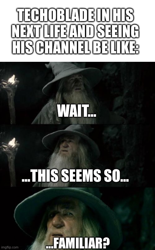 Techoblade in his next life | TECHOBLADE IN HIS NEXT LIFE AND SEEING HIS CHANNEL BE LIKE:; WAIT…; …THIS SEEMS SO…; …FAMILIAR? | image tagged in blank white template,memes,confused gandalf,technoblade | made w/ Imgflip meme maker
