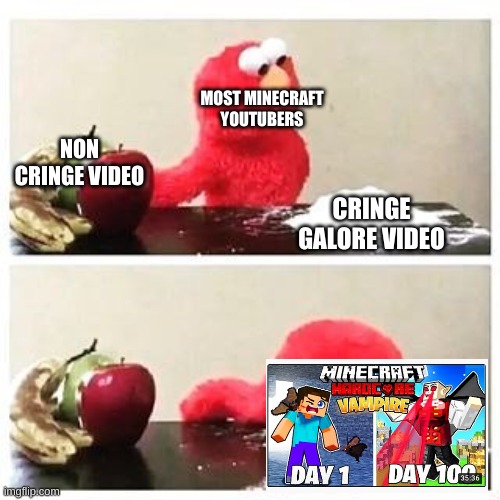 elmo cocaine | MOST MINECRAFT YOUTUBERS; NON CRINGE VIDEO; CRINGE GALORE VIDEO | image tagged in elmo cocaine,truth | made w/ Imgflip meme maker