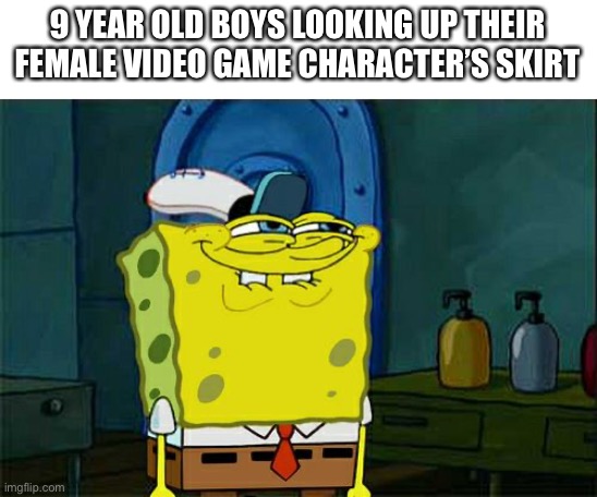 I wonder if girls do it too… | 9 YEAR OLD BOYS LOOKING UP THEIR FEMALE VIDEO GAME CHARACTER’S SKIRT | image tagged in memes,don't you squidward,9 year olds | made w/ Imgflip meme maker