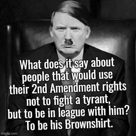 TRUMPs Brownshirt 'militia' CULT | What does it say about
people that would use
their 2nd Amendment rights
not to fight a tyrant,
but to be in league with him?
To be his Brownshirt. | image tagged in trump,brownshirts,militia,cult,treason,hanging | made w/ Imgflip meme maker