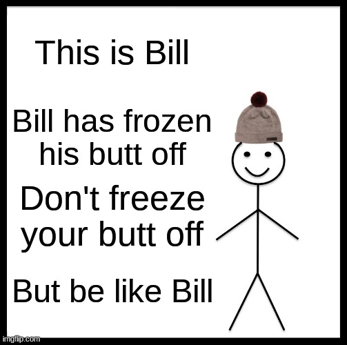 Bill E. Williams | This is Bill; Bill has frozen his butt off; Don't freeze your butt off; But be like Bill | image tagged in memes,be like bill | made w/ Imgflip meme maker