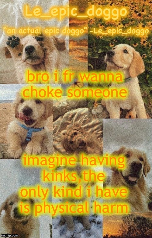 Doggo temp by doggo. Wait what that’s confusing | bro i fr wanna choke someone; imagine having kinks,the only kind i have is physical harm | image tagged in doggo temp by doggo wait what that s confusing | made w/ Imgflip meme maker