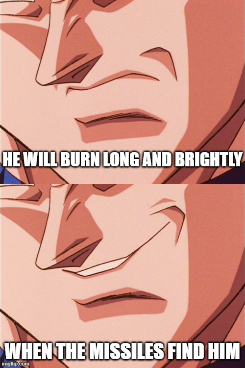 vegeta evil smile | HE WILL BURN LONG AND BRIGHTLY WHEN THE MISSILES FIND HIM | image tagged in vegeta evil smile | made w/ Imgflip meme maker