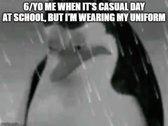 Possibly the first meme I've ever made | 6/YO ME WHEN IT'S CASUAL DAY AT SCHOOL, BUT I'M WEARING MY UNIFORM | image tagged in sadge,school,clothes,first meme | made w/ Imgflip meme maker