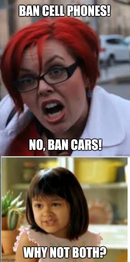 BAN CELL PHONES! NO, BAN CARS! WHY NOT BOTH? | image tagged in sjw triggered,why not both | made w/ Imgflip meme maker