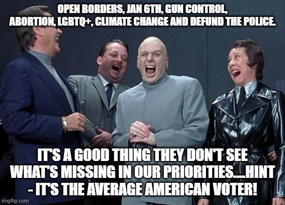 Voters are so gullible! | OPEN BORDERS, JAN 6TH, GUN CONTROL, ABORTION, LGBTQ+, CLIMATE CHANGE AND DEFUND THE POLICE. IT'S A GOOD THING THEY DON'T SEE WHAT'S MISSING IN OUR PRIORITIES....HINT - IT'S THE AVERAGE AMERICAN VOTER! | image tagged in memes,laughing villains | made w/ Imgflip meme maker