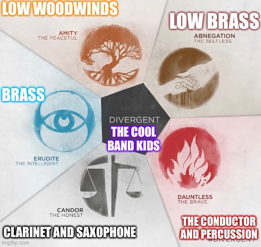 The band sections |  LOW WOODWINDS; LOW BRASS; BRASS; THE COOL BAND KIDS; THE CONDUCTOR AND PERCUSSION; CLARINET AND SAXOPHONE | image tagged in band | made w/ Imgflip meme maker