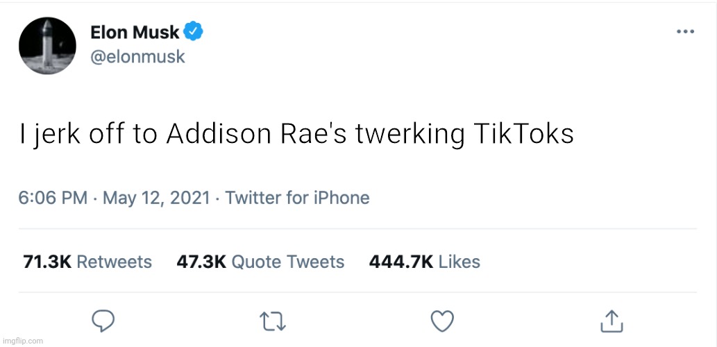 Elon outta pocket | I jerk off to Addison Rae's twerking TikToks | image tagged in e | made w/ Imgflip meme maker