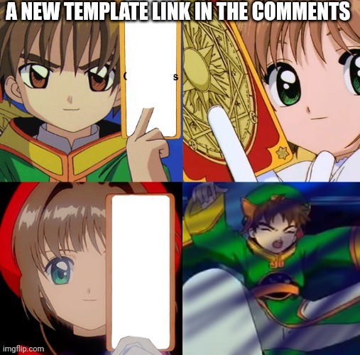 Sakura and syaoran holding cards | A NEW TEMPLATE LINK IN THE COMMENTS | image tagged in sakura and syaoran holding cards | made w/ Imgflip meme maker