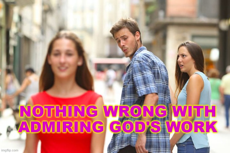 Nothing wrong with admiring God's work | NOTHING WRONG WITH ADMIRING GOD'S WORK | image tagged in memes,distracted boyfriend | made w/ Imgflip meme maker