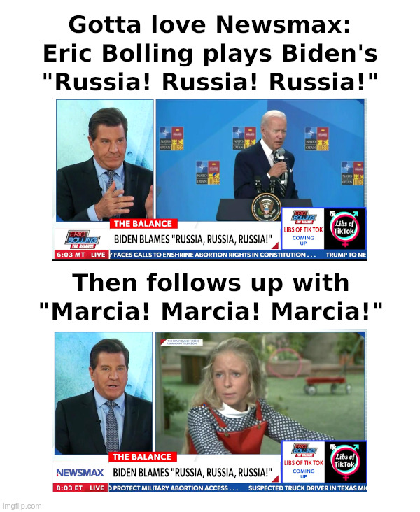 Gotta love Newsmax! | image tagged in newsmax,eric bolling,russia russia russia,marcia marcia marcia,the brady bunch | made w/ Imgflip meme maker