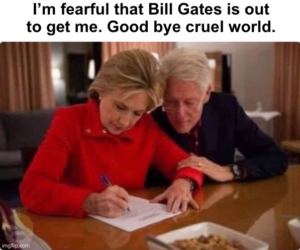 I’m fearful that Bill Gates is out
to get me. Good bye cruel world. | made w/ Imgflip meme maker
