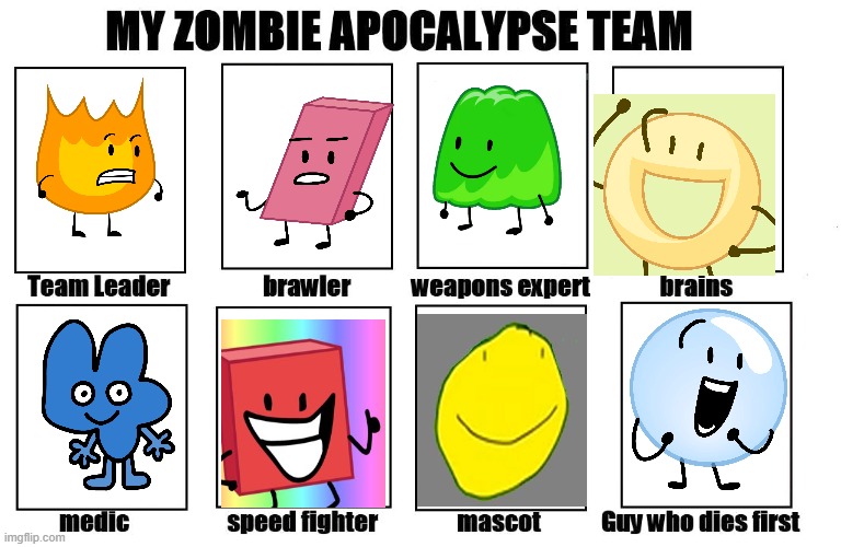 BFB solos a zombie apocalypse | image tagged in my zombie apocalypse team | made w/ Imgflip meme maker