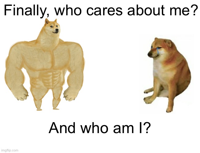 Who am I? Don’t share, admins talking | Finally, who cares about me? And who am I? | image tagged in memes,buff doge vs cheems | made w/ Imgflip meme maker