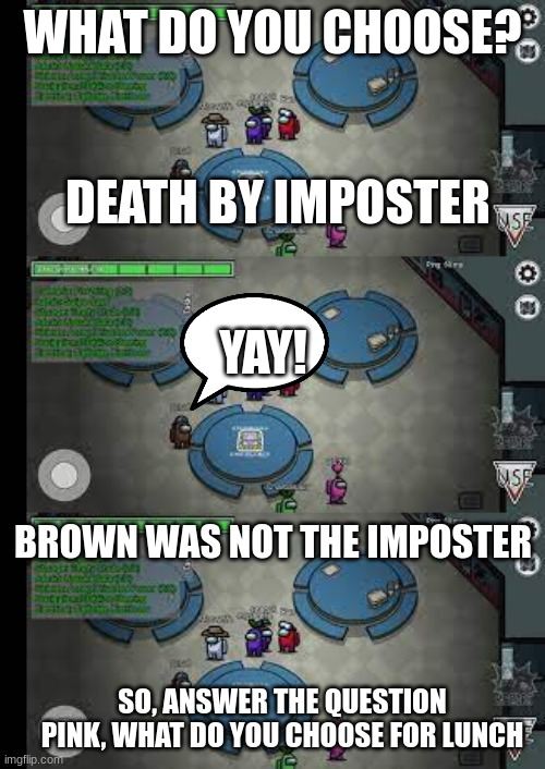 Too sus. Well too bad | WHAT DO YOU CHOOSE? DEATH BY IMPOSTER; YAY! BROWN WAS NOT THE IMPOSTER; SO, ANSWER THE QUESTION PINK, WHAT DO YOU CHOOSE FOR LUNCH | image tagged in among us,among us meeting | made w/ Imgflip meme maker