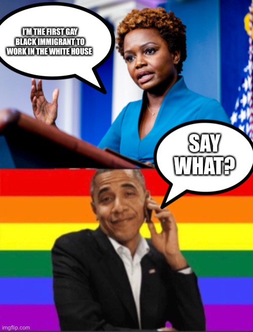 Obama is gay | I’M THE FIRST GAY BLACK IMMIGRANT TO WORK IN THE WHITE HOUSE; SAY WHAT? | image tagged in obama,lgbtq,affirmative action | made w/ Imgflip meme maker