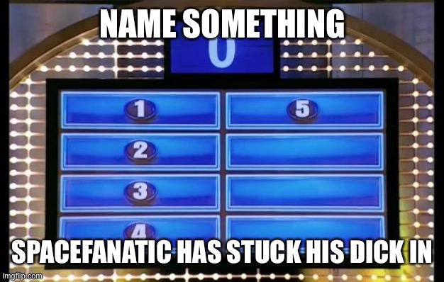 family feud | NAME SOMETHING; SPACEFANATIC HAS STUCK HIS DICK IN | image tagged in family feud | made w/ Imgflip meme maker