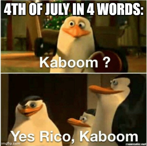 4th of July | 4TH OF JULY IN 4 WORDS: | image tagged in kaboom yes rico kaboom | made w/ Imgflip meme maker