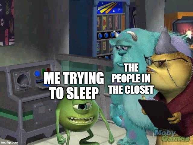 Mike wazowski trying to explain | THE PEOPLE IN THE CLOSET; ME TRYING TO SLEEP | image tagged in mike wazowski trying to explain | made w/ Imgflip meme maker