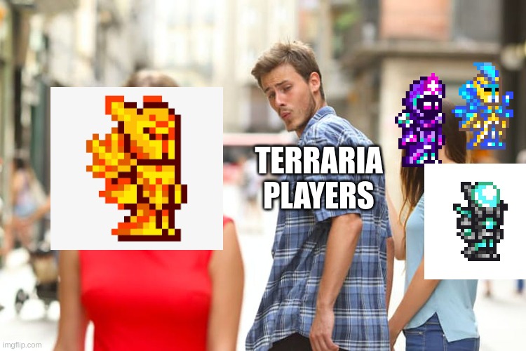 terraria armour | TERRARIA PLAYERS | image tagged in memes,distracted boyfriend | made w/ Imgflip meme maker