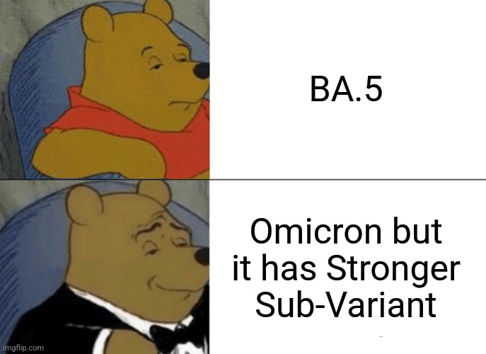 Tuxedo Winnie The Pooh | BA.5; Omicron but it has Stronger Sub-Variant | image tagged in memes,tuxedo winnie the pooh,coronavirus,covid-19,omicron,sars | made w/ Imgflip meme maker
