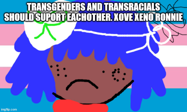 Have fun being transgender guys we. Support ya | TRANSGENDERS AND TRANSRACIALS SHOULD SUPORT EACHOTHER. XOVE XENO RONNIE | image tagged in lgbtq | made w/ Imgflip meme maker