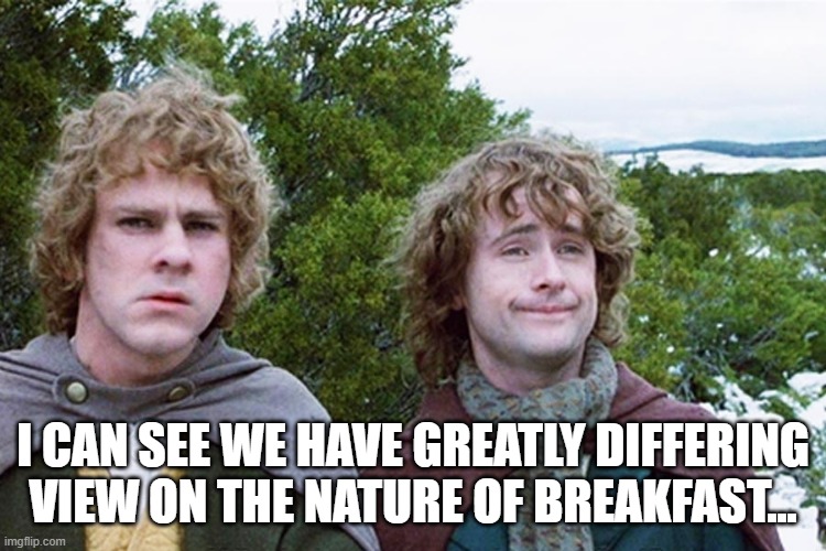 hobbits | I CAN SEE WE HAVE GREATLY DIFFERING VIEW ON THE NATURE OF BREAKFAST... | image tagged in hobbits | made w/ Imgflip meme maker