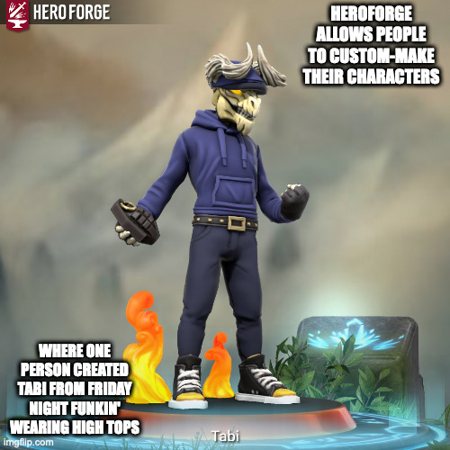 Custom-Made Tabi | HEROFORGE ALLOWS PEOPLE TO CUSTOM-MAKE THEIR CHARACTERS; WHERE ONE PERSON CREATED TABI FROM FRIDAY NIGHT FUNKIN' WEARING HIGH TOPS | image tagged in tabi,heroforge,friday night funkin,memes | made w/ Imgflip meme maker