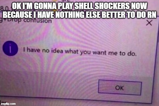 Take care of this shitty mf while I'm gone chat | OK I'M GONNA PLAY SHELL SHOCKERS NOW BECAUSE I HAVE NOTHING ELSE BETTER TO DO RN | image tagged in i have no idea what you want me to do | made w/ Imgflip meme maker
