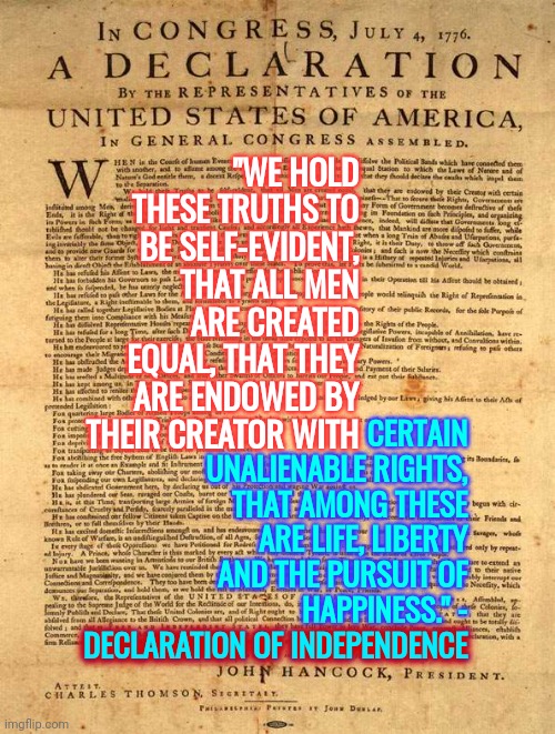 Lest Ye Forget | "WE HOLD THESE TRUTHS TO BE SELF-EVIDENT, THAT ALL MEN ARE CREATED EQUAL, THAT THEY ARE ENDOWED BY THEIR CREATOR WITH; CERTAIN UNALIENABLE RIGHTS, THAT AMONG THESE ARE LIFE, LIBERTY AND THE PURSUIT OF HAPPINESS." - DECLARATION OF INDEPENDENCE; DECLARATION OF INDEPENDENCE | image tagged in declaration of independence,remember,memes,unalienable rights,nazis supreme court,lock them up | made w/ Imgflip meme maker