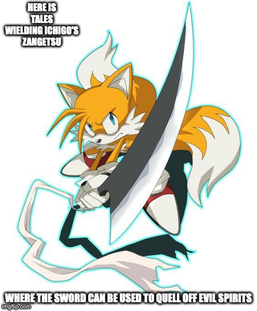 Tales With Zangetsu | HERE IS TALES WIELDING ICHIGO'S ZANGETSU; WHERE THE SWORD CAN BE USED TO QUELL OFF EVIL SPIRITS | image tagged in sonic the hedgehog,tales,memes,weapons | made w/ Imgflip meme maker