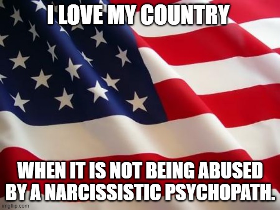American flag | I LOVE MY COUNTRY; WHEN IT IS NOT BEING ABUSED BY A NARCISSISTIC PSYCHOPATH. | image tagged in american flag | made w/ Imgflip meme maker