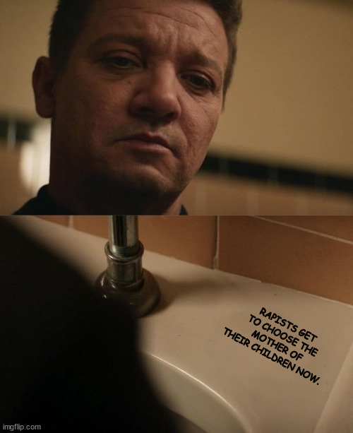 Hawkeye | RAPISTS GET TO CHOOSE THE MOTHER OF THEIR CHILDREN NOW. | image tagged in hawkeye | made w/ Imgflip meme maker